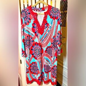 Cute summer dress size 0X shades of pink white & blue. NEVER WORN!!!